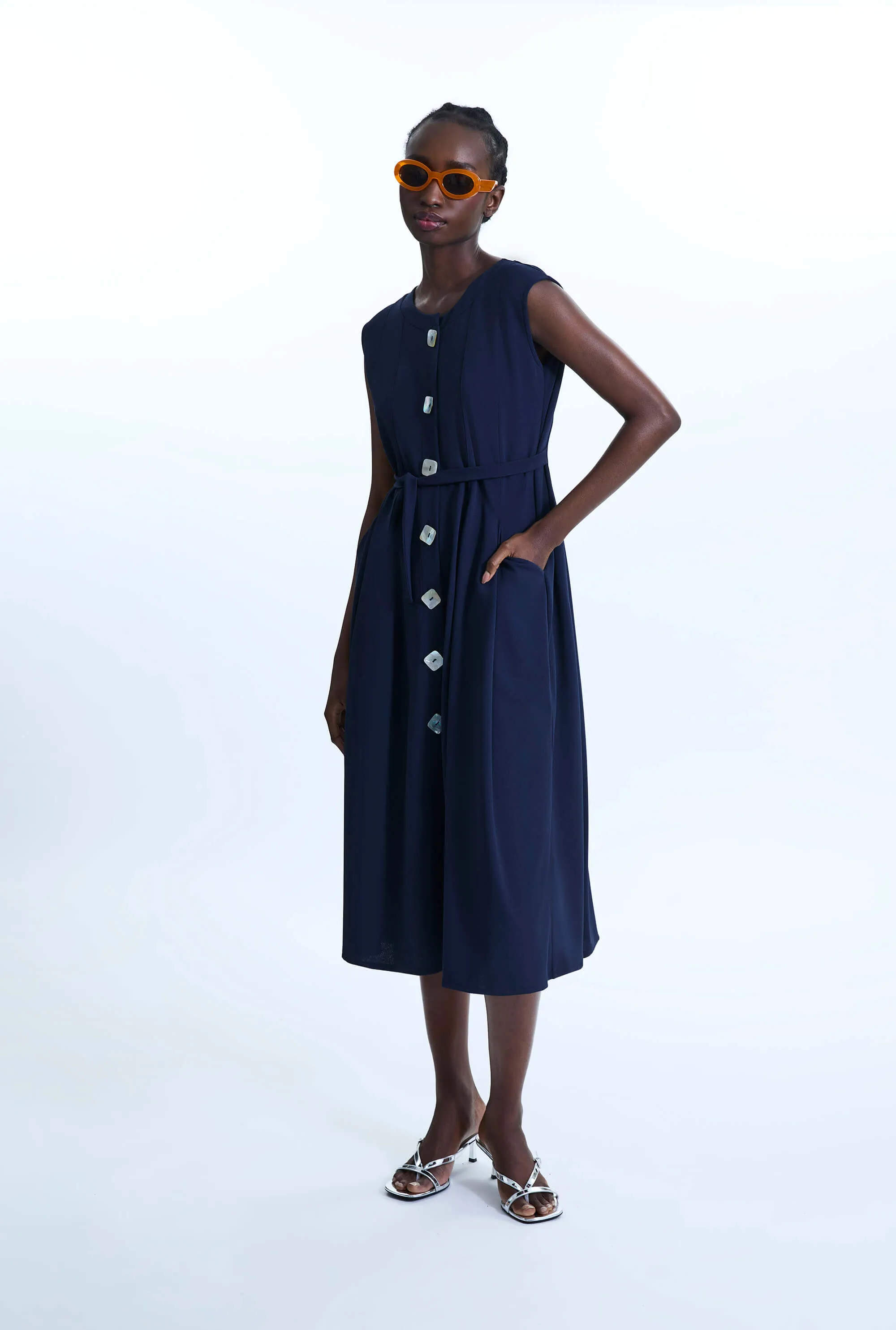 Buttoned Pocket Sleeveless Midi Dress Navy